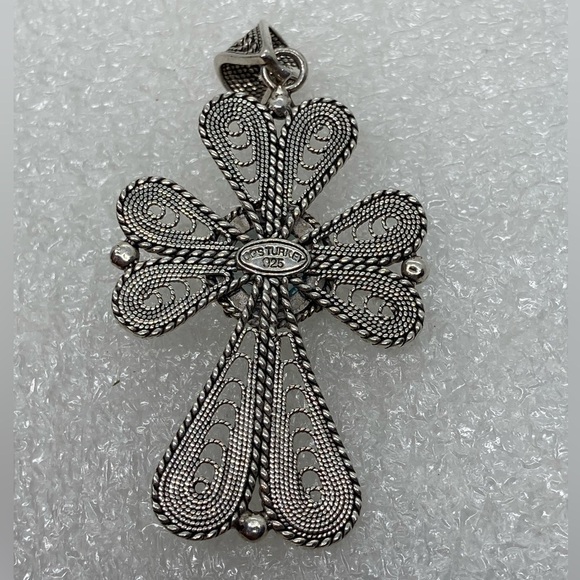 Vtg Sterling & Topaz Filigree Large Cross Pendant - DGS Turkey / 2.3” Length - Picture 8 of 11